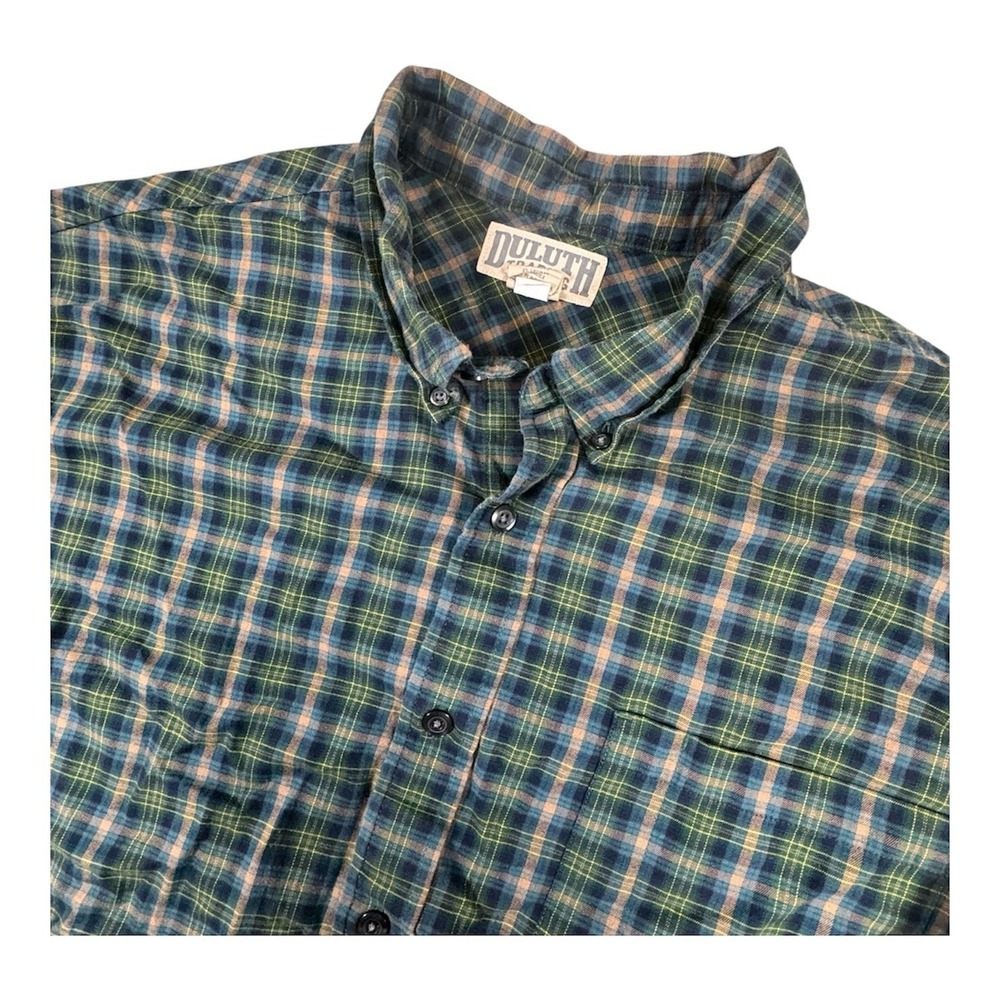 Duluth Trading Shirt Mens 2XLT Duluth Flex Highlands Wool Blend Plaid Green Blue
